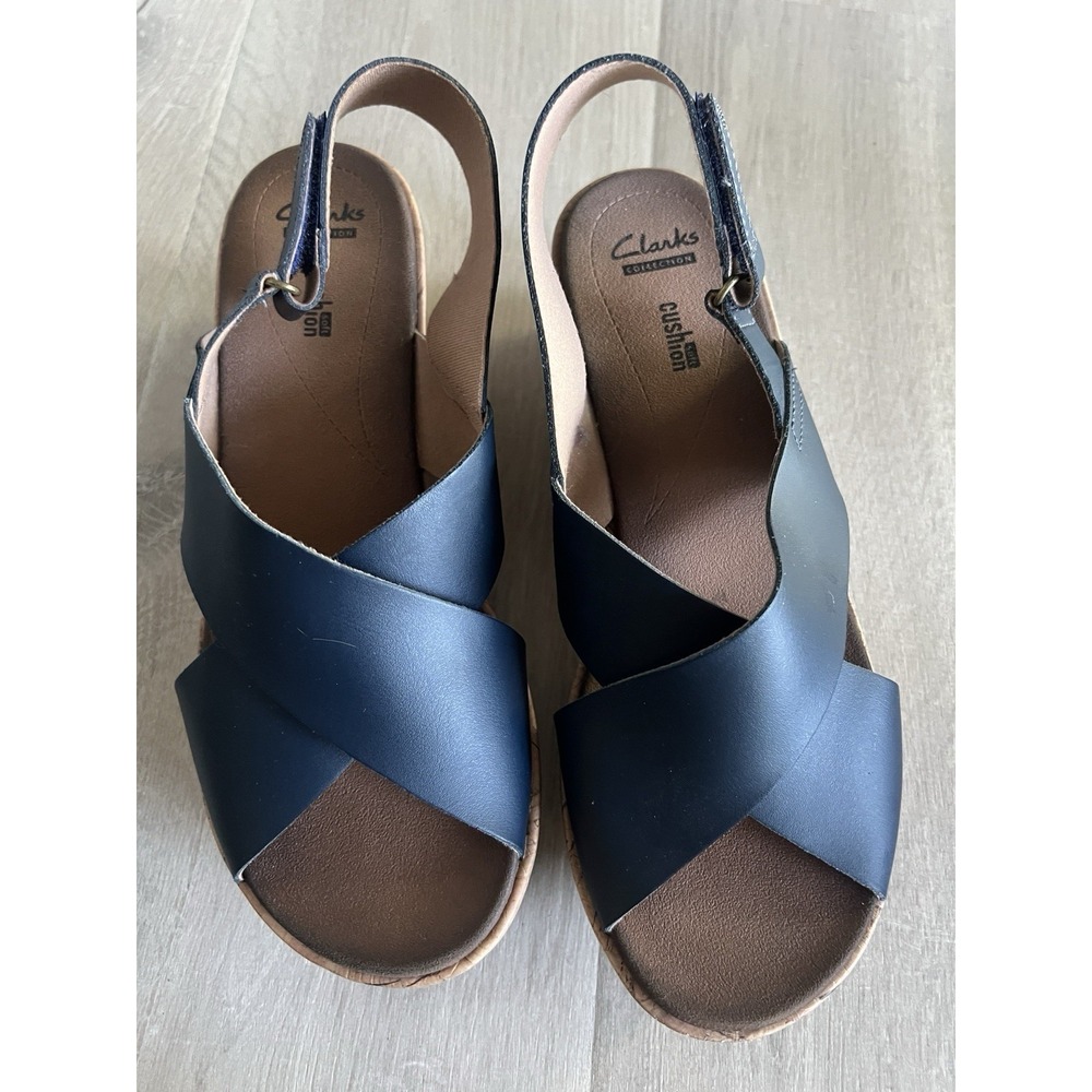 Clarks Soft Cushion Wedge Cork Sandals Womens 8.5 Navy Leather Strappy Heels - Picture 2 of 6